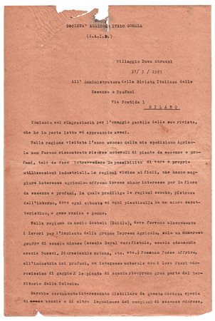 Luigi Amedeo di Savoia-Aosta (Madrid 1873 - Villaggio Duca degli Abruzzi 1933), Italia coloniale, Società Agricola Italo-Somala, Rivista Italiana delle Essenze e Profumi