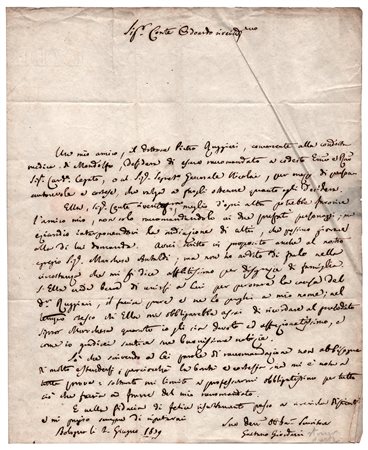 Gaetano Giordani (Budrio 1800 - Bologna 1873) , Raccomandazioni al Conte Macchirelli