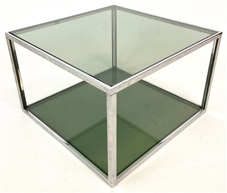 Tavolino in acciaio con piani in cristallo fumé. Italia, anni '70. (cm 55x35,5x