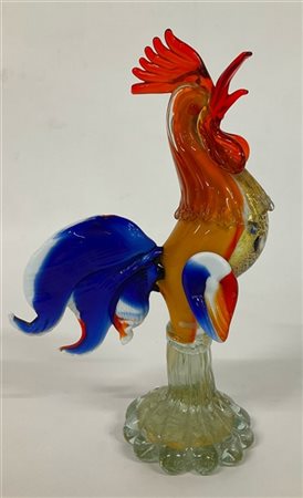 Manifattura di Murano, gallo in vetro policromo. Seconda metà secolo XX. (h cm