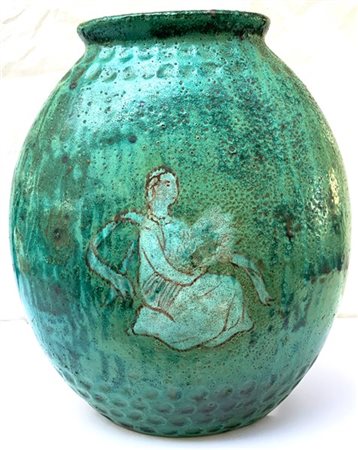 Angelo Ungania Vaso in terracotta smaltata verde a colature, decorata con fasce