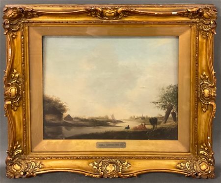 Scuola olandese del secolo XVIII
"Paesaggio con pastore e armenti"

Olio su tav