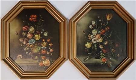 Anonimo, "Nature morte di fiori, coppia di olii su tela ottagonali", cm 50x40.