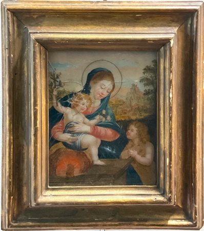 Anonimo del secolo XVIII, Madonna con Bambino e San Giovannino, olio su vetro (