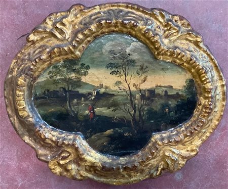 Anonimo del secolo XVIII
"Paesaggio con figure"
olio su tavola con cornice in p