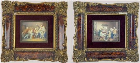 Anonimo del secolo XX. Scene di interno con figure, coppia di miniature su avor