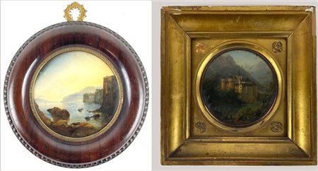 Anonimo del secolo XIX. Veduta del castello di Chillon, olio su metallo circola