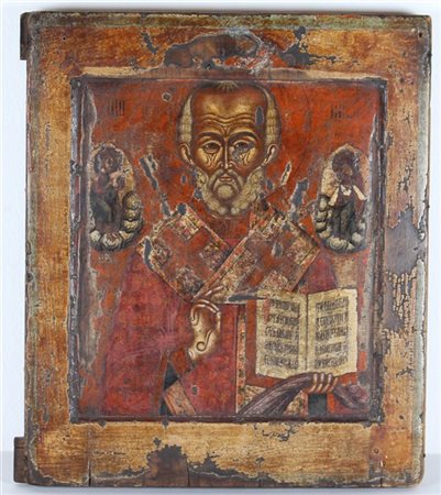 Icona russa, secolo XVIII. San Nicola, tempera su tavola (cm 33x28) (difetti)