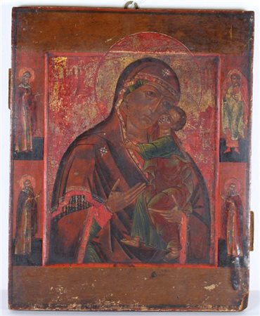 Icona russa, secolo XIX. Vergine Eleusa (o Madonna della Tenerezza) e quattro s