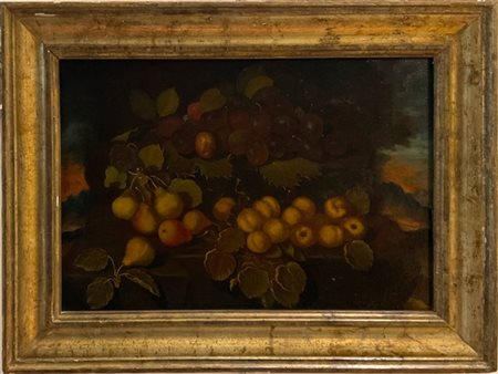 Scuola romana del secolo XVII
"Composizione di frutta all'aperto"
olio su tela,