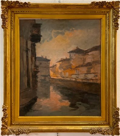 Achille Cattaneo "Naviglio al tramonto" 
olio su compensato (cm 60x50)
Firmato i