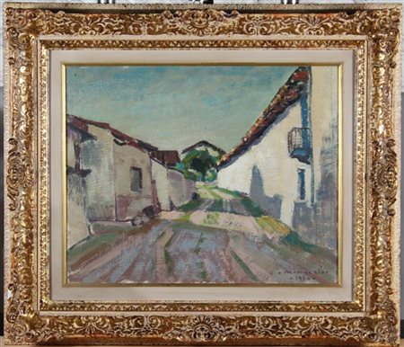 Metello Merlo "Strada di paese"1960, olio su masonite (cm 39,5 x 49,5) firmato e