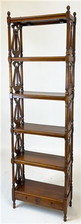 Etagère a cinque ripiani e due cassetti con montanti torniti e fianchi decorati