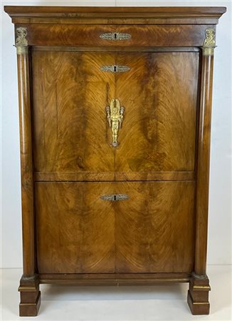 Secretaire Impero lastronato in radica di noce con fronte a un cassetto, un'ant