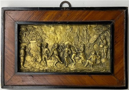 Arte del secolo XIX. Placca in bronzo dorato a bassorilievo raffigurante scena