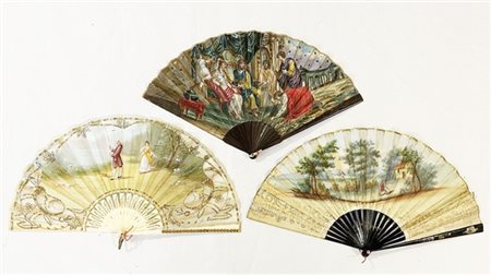 Arte del secolo XIX. Lotto di tre ventagli, di cui due con stecche in legno e p