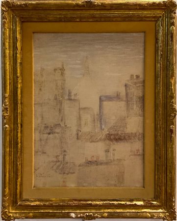 Firma indecifrata "Scorcio di città" 1973, tecnica mista su tela (cm 54x39) fir