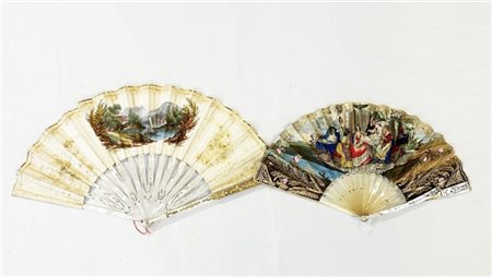 Arte del secolo XIX. Lotto di due ventagli con stecche in osso e madreperla inc