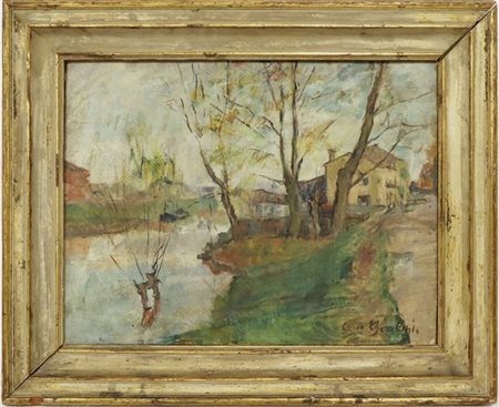 Carlo Cherubini "Paesaggio fluviale" 
olio su tela (cm 45x58)
Firmato in basso a
