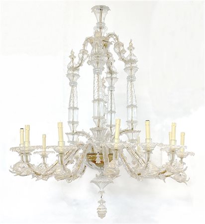 Manifattura di Murano, secolo XX. Lampadario in vetro incolore a dodici luci di