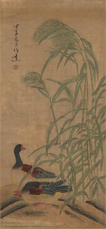 Dipinto su carta raffigurante due anatre sotto una pianta
Cina, secolo XX
(cm 9