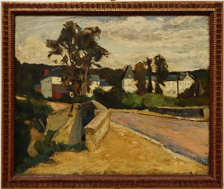 Scuola francese del secolo XX

"Scorcio di villaggio di campagna" 
olio su tela