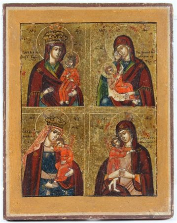 Icona russa, secolo XIX. Icona quadripartita con diverse raffigurazioni della V
