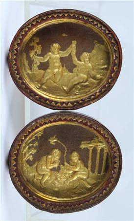 Arte del secolo XIX. Putti allegorici entro paesaggio, coppia di altorilievi ov