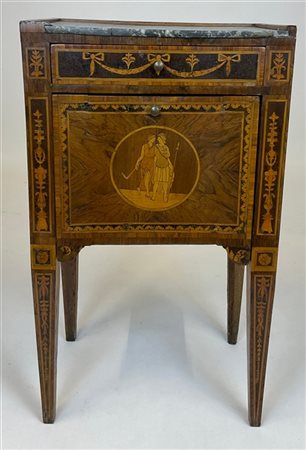 Comodino lastronato in noce, bois de rose e bois de violette, intarsiata e file