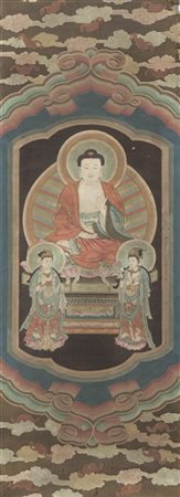 Dipinto a inchiostro e colori policromi su tela, raffigurante Buddha e due Guan