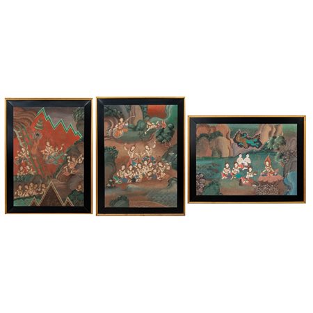 MANIFATTURA ORIENTALE DEL XIX SECOLO, Tre pannelli su tela