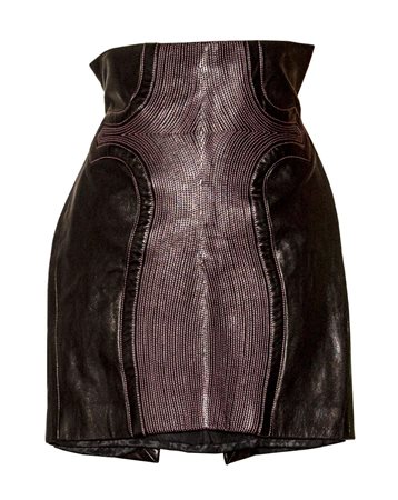 Versace LEATHER SKIRT Description: Black leather skirt with pink top...