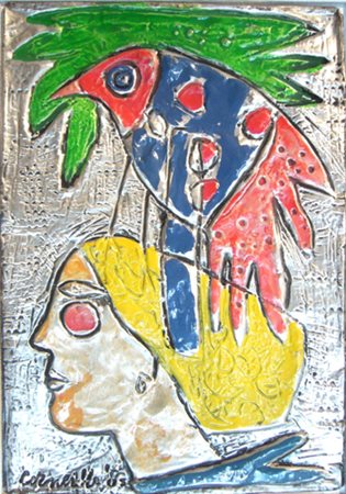 Corneille Guillame Ragazza con pappagallo Bassorilievo - metallo dipinto con...