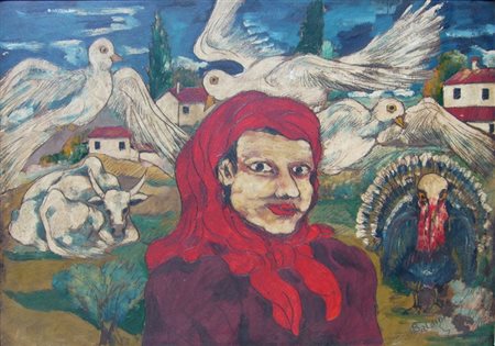 Baldini Alighiero " La contadina " Olio inciso cm 70 x 50 ANNO:1979 Firmato...