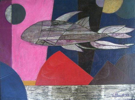 Laffranchi Renato " Pesce " oro argento e tempera su legno cm 40 x 30 ANNO...