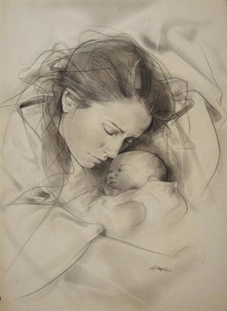 Presotto Alfio " Scena materna " carboncino su carta cm 50 x 70, firmato in...