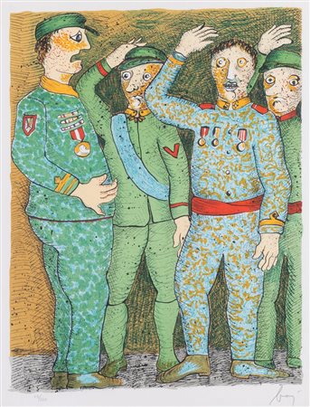 ENRICO BAJ (Milano 1924 - Vergiate 2003) "Senza titolo". Litografia a colori...