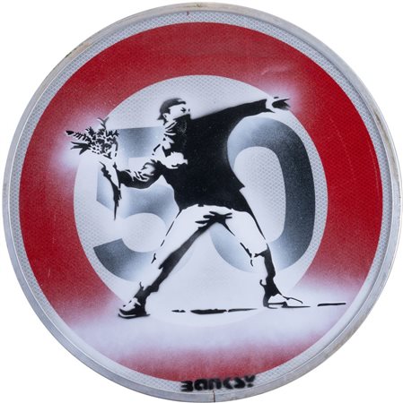 BANKSY (Bristol 1974) "Love is in the air". Spray su segnale stradale....