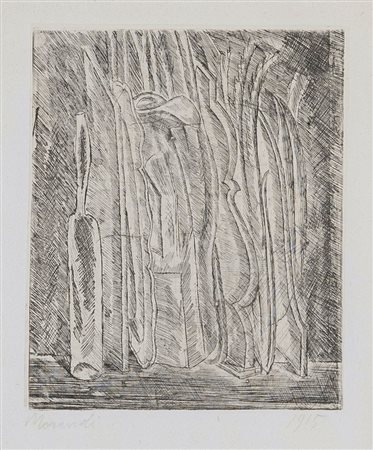 Giorgio Morandi (Bologna 1890 - 1964) Natura morta con bottiglia e brocca,...