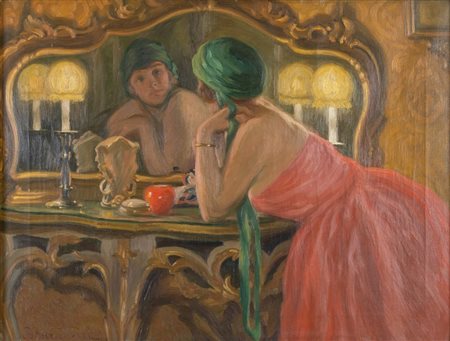 BRUNO BURATTINI (Ancona 1889 - Bologna 1965) "Allo specchio". Olio su tela....