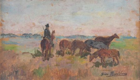 GIOVANNI BARTOLENA (Livorno 1866 – 1942) "Paesaggio con cavalli". Olio su...