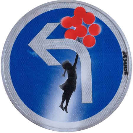 BANKSY (Bristol 1974) "Balloon girl". Spray su segnale stradale. Diametro: cm...