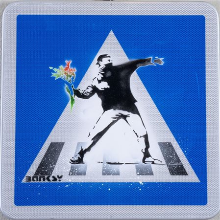 BANKSY (Bristol 1974) "Love is in the air". Spray su segnale stradale. Cm 50x50.
