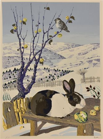 Enzo Bellini IL CONIGLIO E IL PASSERO serigrafia su carta, cm 70x50; es. P.A....