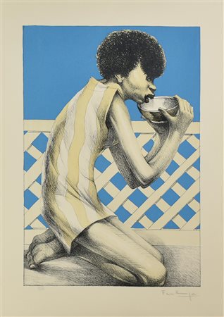 Franco Ferlenga DONNA CON CIOTOLA litografia su carta, cm 70x50; es. 52/120...