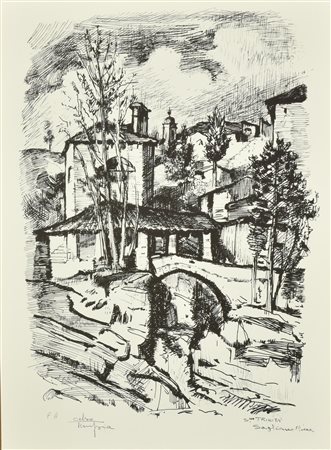 Celso Tempia PAESAGGIO BIELLESE litografia su carta, cm 50x35, es. P.A. firma