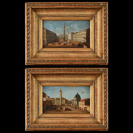 Pittore romano della seconda metà del XVIII secolo, Coppia di vedute della Colonna Traiana e della Colonna Antonina