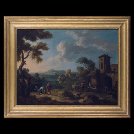 Nicola Viso (attivo a Napoli, prima metà XVIII secolo), Paesaggio con viandanti e casa in campagna