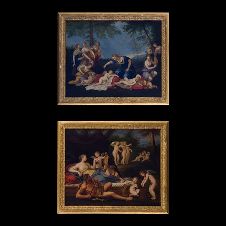 Francesco Albani (Bologna, 1578 - 1660), bottega di, Diana e le ninfe disarmano gli amorini e Diana con gli amorini