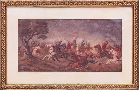 SCENA BATTAGLIA piccolo dipinto ad olio su tavoletta, siglato, in cornice cm...